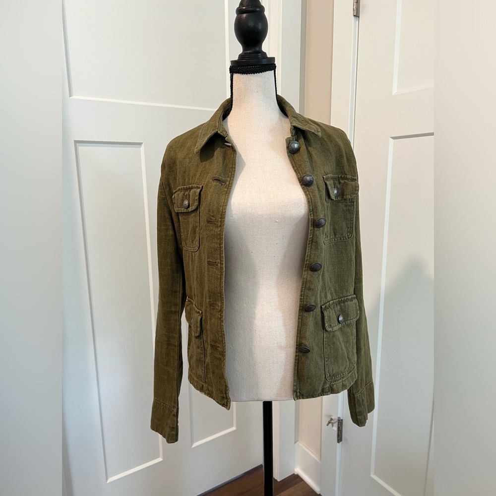 Runs small Lauren herringbone Olive denim jacket slim fit Size 10 with stretch